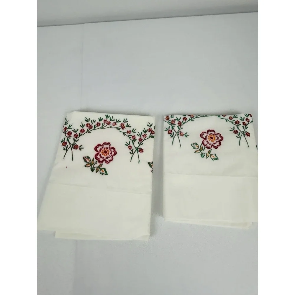 Vintage Cross Stitched Pillowcase White w/ Red Floral 30 x 20